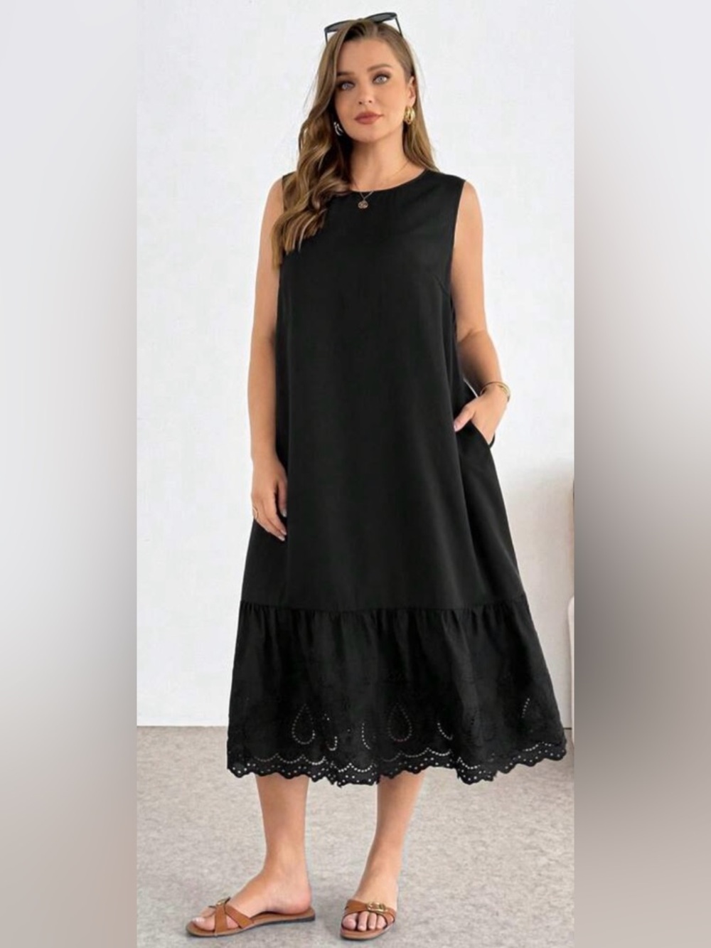 SHEIN Black Sleeveless A-Line Maxi Dress with Eyelet Hem